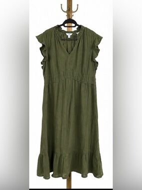 Time & Tru Olive Green Boho Midi Dress XXL (16–18) Flutter Sleeve Gauze